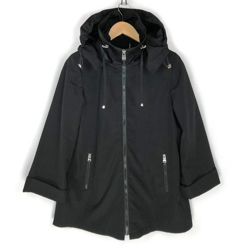 Calvin Klein Hooded Windbreaker Jacket Black Full Zip A-Line Coat XS